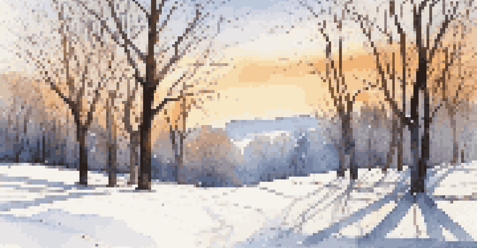 A peaceful winter scene of a snow-covered park illuminated by the golden hour light, with silhouetted trees in the background.