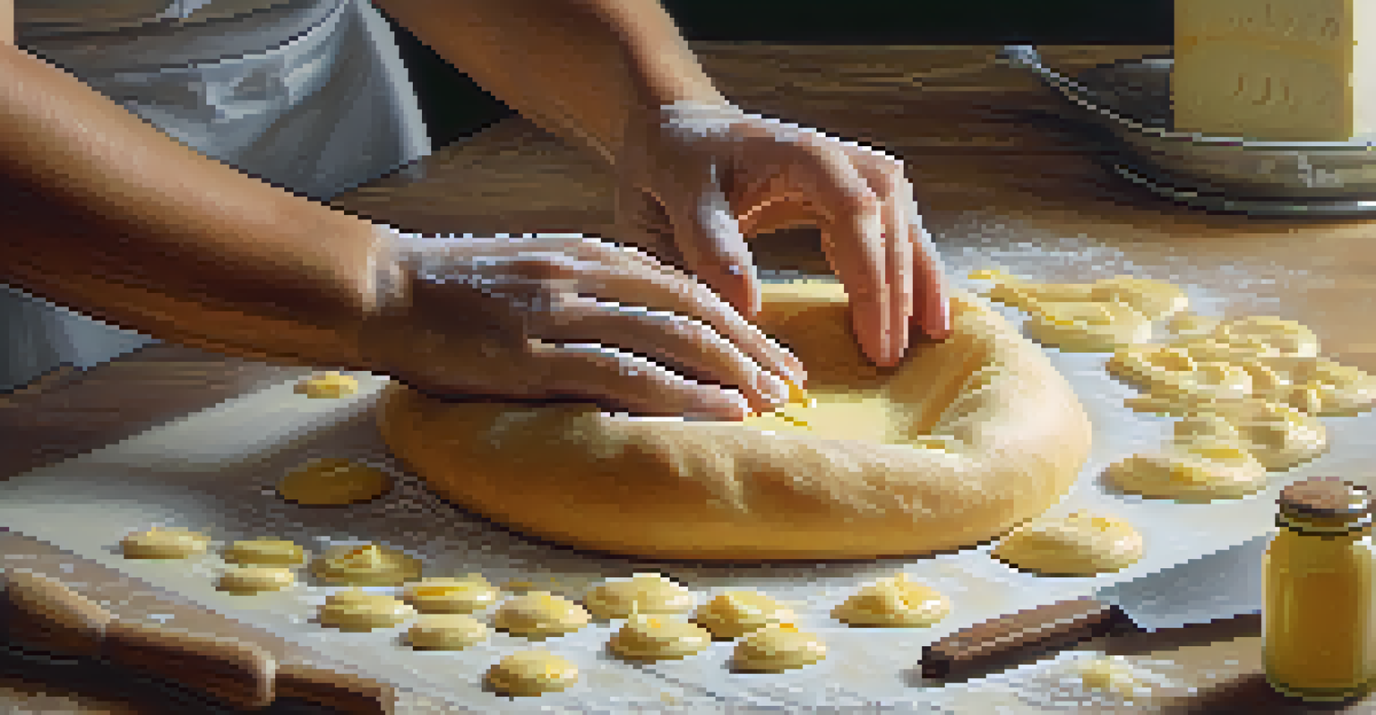 A close-up of hands folding buttery dough on a floured surface, showing the technique of mixing for pastries.