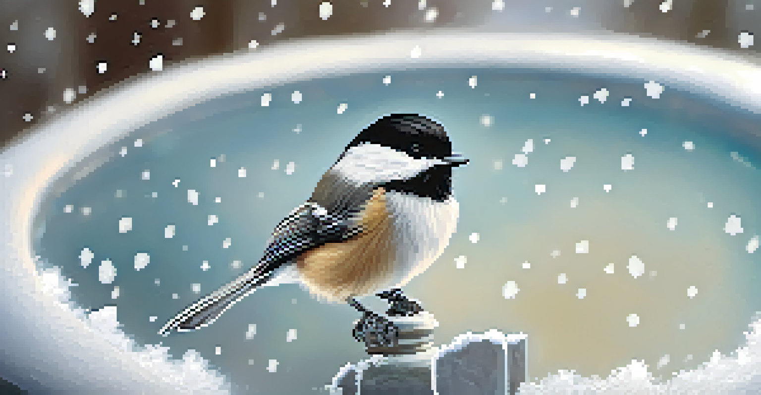 A close-up of a chickadee perched on a heated birdbath in winter, with snow surrounding it and frost on the edges.