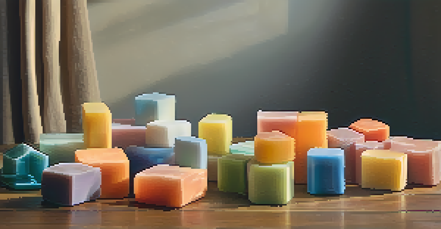 A collection of small soap sculptures on a wooden table, each uniquely shaped and colored, illuminated by soft lighting for a cozy feel.