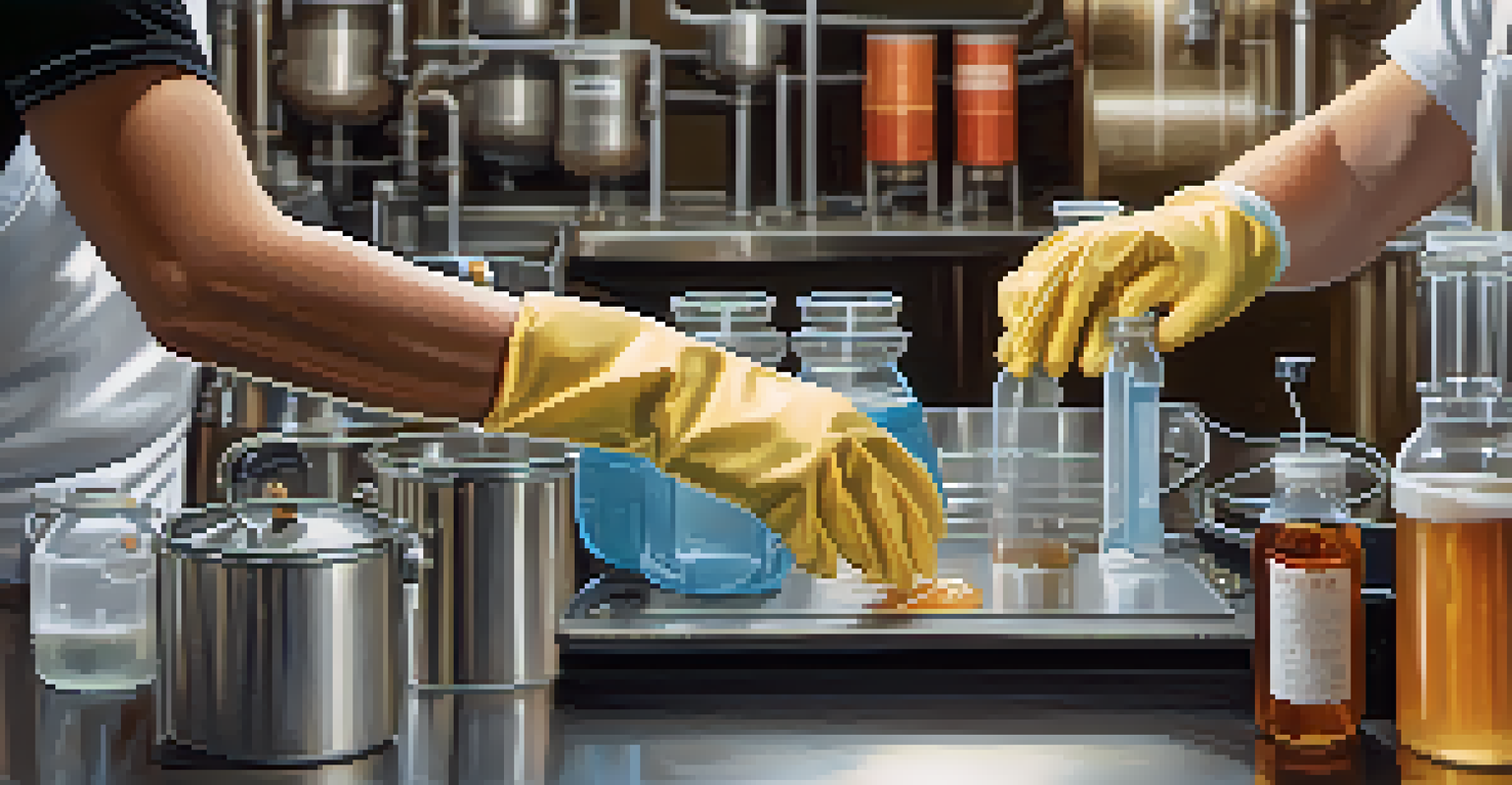 Close-up of hands sanitizing brewing equipment with gloves and goggles in a clean brewing area.