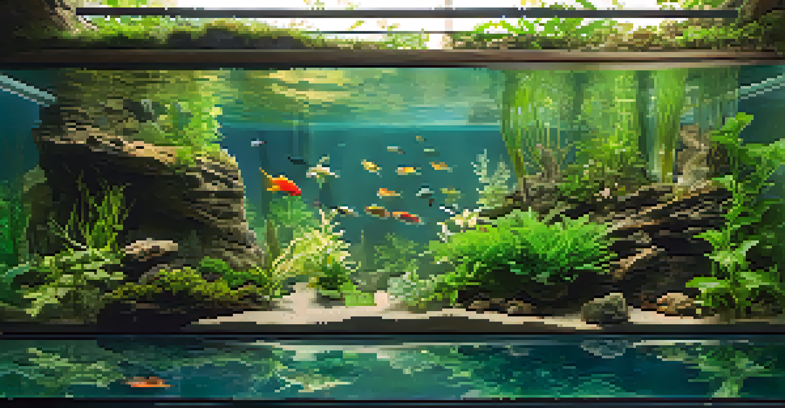 A large 75-gallon aquarium featuring a complex aquascape with tall plants and various fish, illuminated by bright natural light.