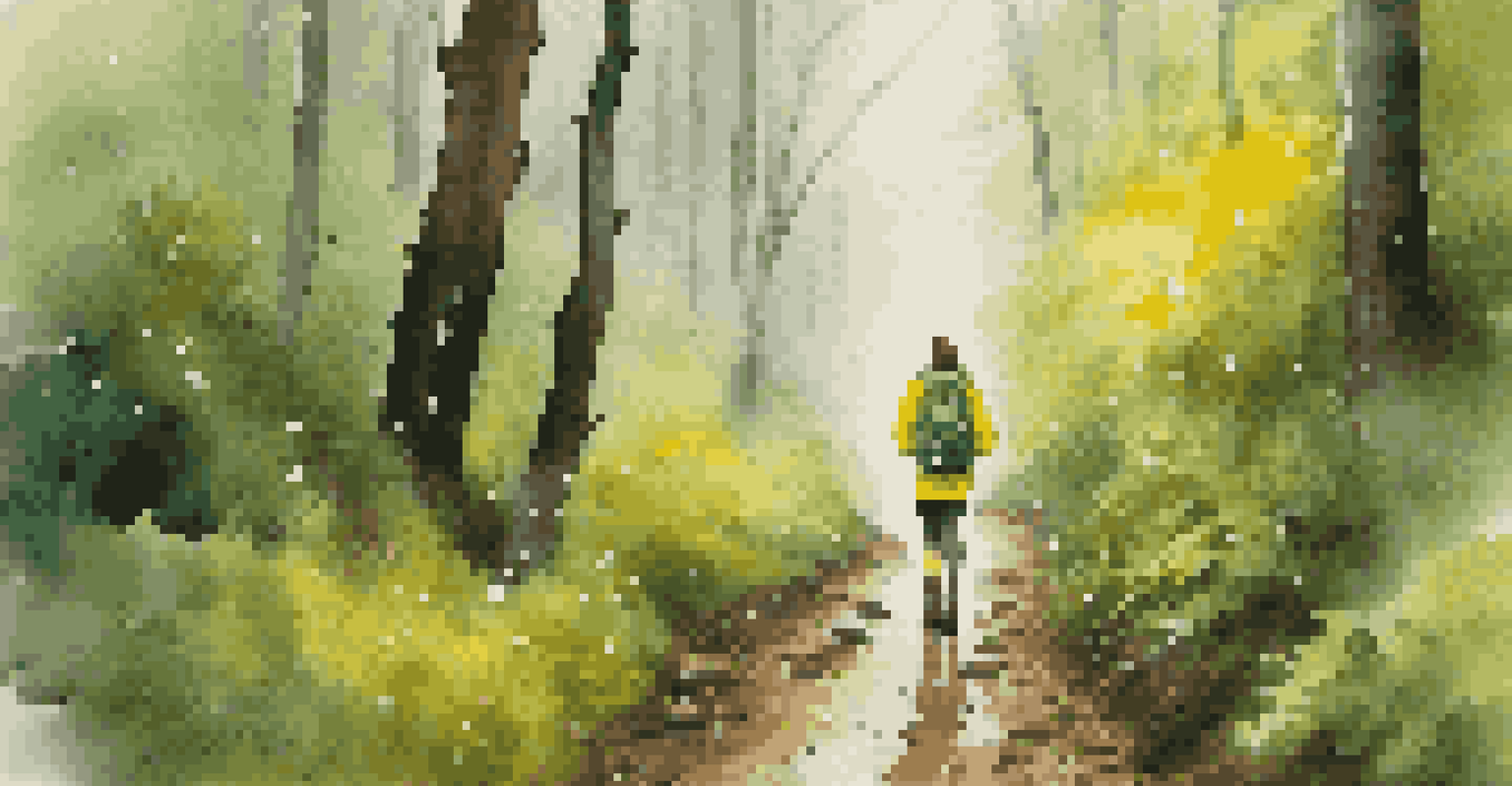 A hiker in a yellow rain jacket walking on a forest path in the rain, surrounded by lush greenery.