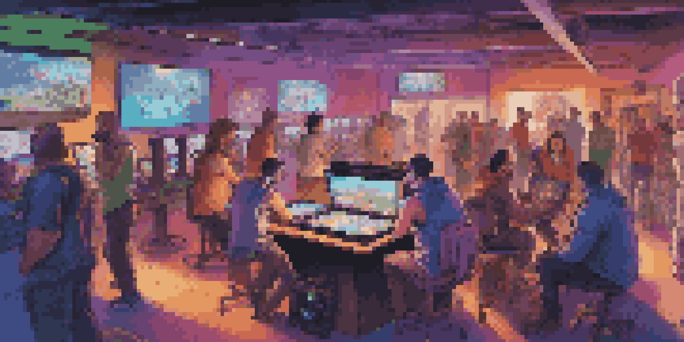 A diverse group of gamers playing together in a brightly lit gaming room, showing expressions of excitement and camaraderie.