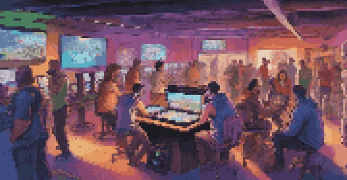 A diverse group of gamers playing together in a brightly lit gaming room, showing expressions of excitement and camaraderie.