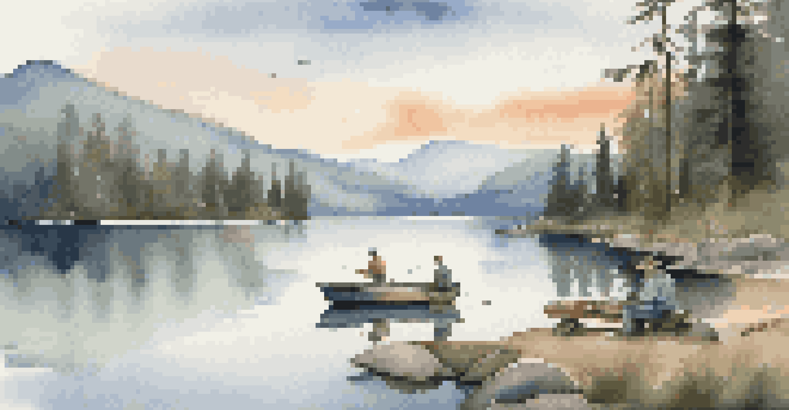A camper fishing from a boat at a lakeside, surrounded by forest and mountains, with freshly caught fish displayed on a wooden board.