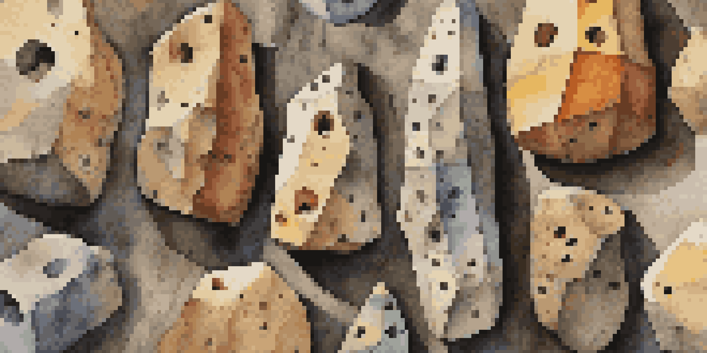 A close-up of colorful climbing holds on a rock wall, showcasing various shapes and textures.