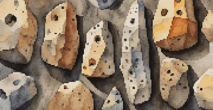 A close-up of colorful climbing holds on a rock wall, showcasing various shapes and textures.