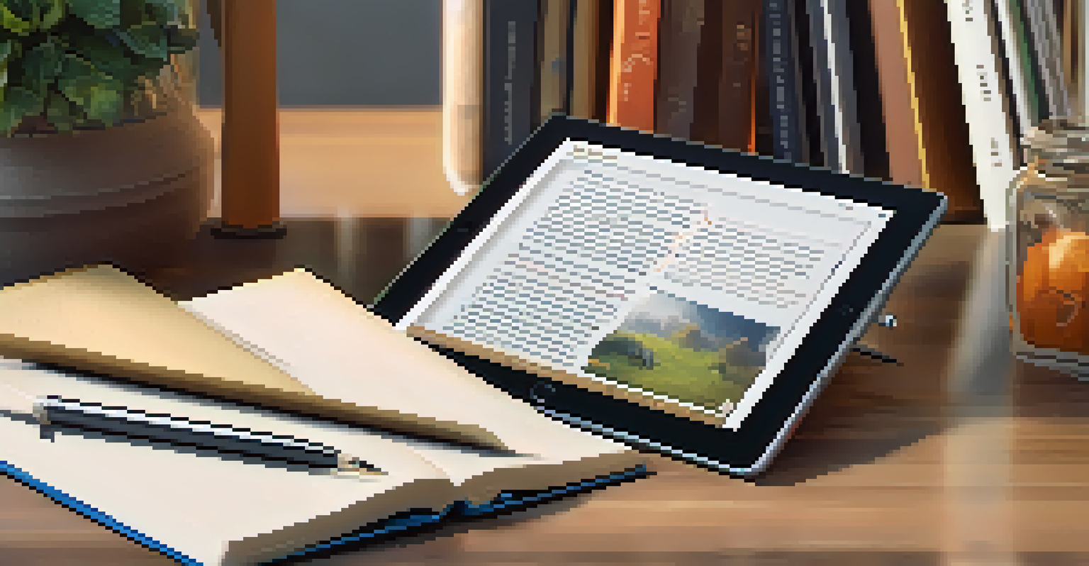 A tablet displaying a book review with five stars, surrounded by books, a notebook, and a pen in a warm workspace.