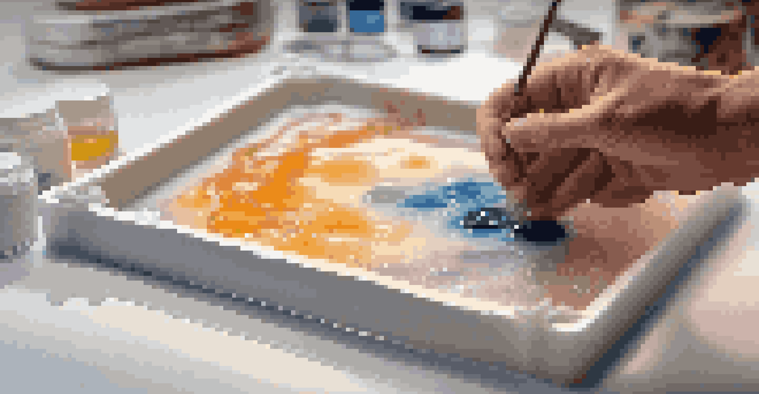 An artist pouring clear epoxy resin into a mold, with bubbles forming in the resin and a digital scale visible nearby.