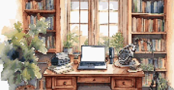 A warm and inviting home office with a vintage microphone, headphones, and a laptop, surrounded by bookshelves and a view of a garden through the window.