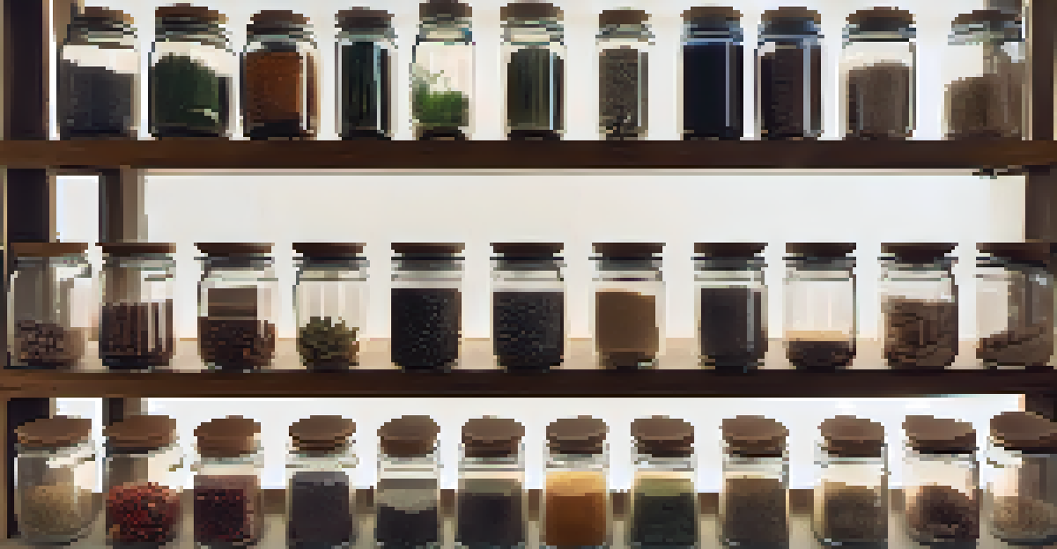 A wooden shelf displaying glass jars filled with various seeds, each labeled with plant varieties and collection dates.