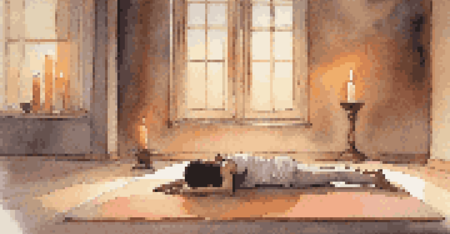 A person in Corpse Pose on a yoga mat, lying peacefully in a softly lit room with candles.