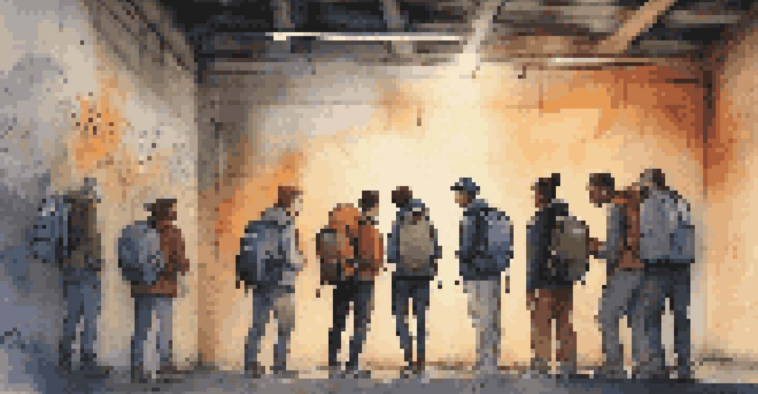 A group of urban explorers sharing stories in front of a graffiti-covered wall in an abandoned warehouse, illuminated by flashlights.