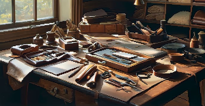 A bright and organized leather crafting workspace with tools and leather pieces laid out on a wooden table.