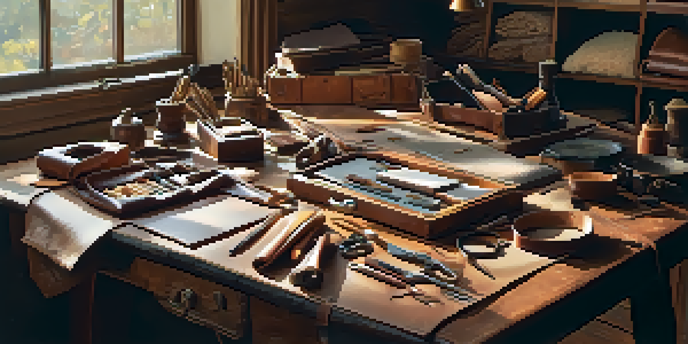 A bright and organized leather crafting workspace with tools and leather pieces laid out on a wooden table.