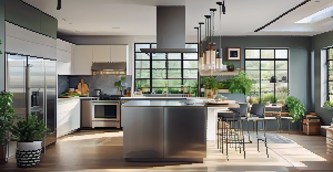 A bright and modern kitchen with stainless steel appliances and quartz countertops, featuring an open layout and natural light.