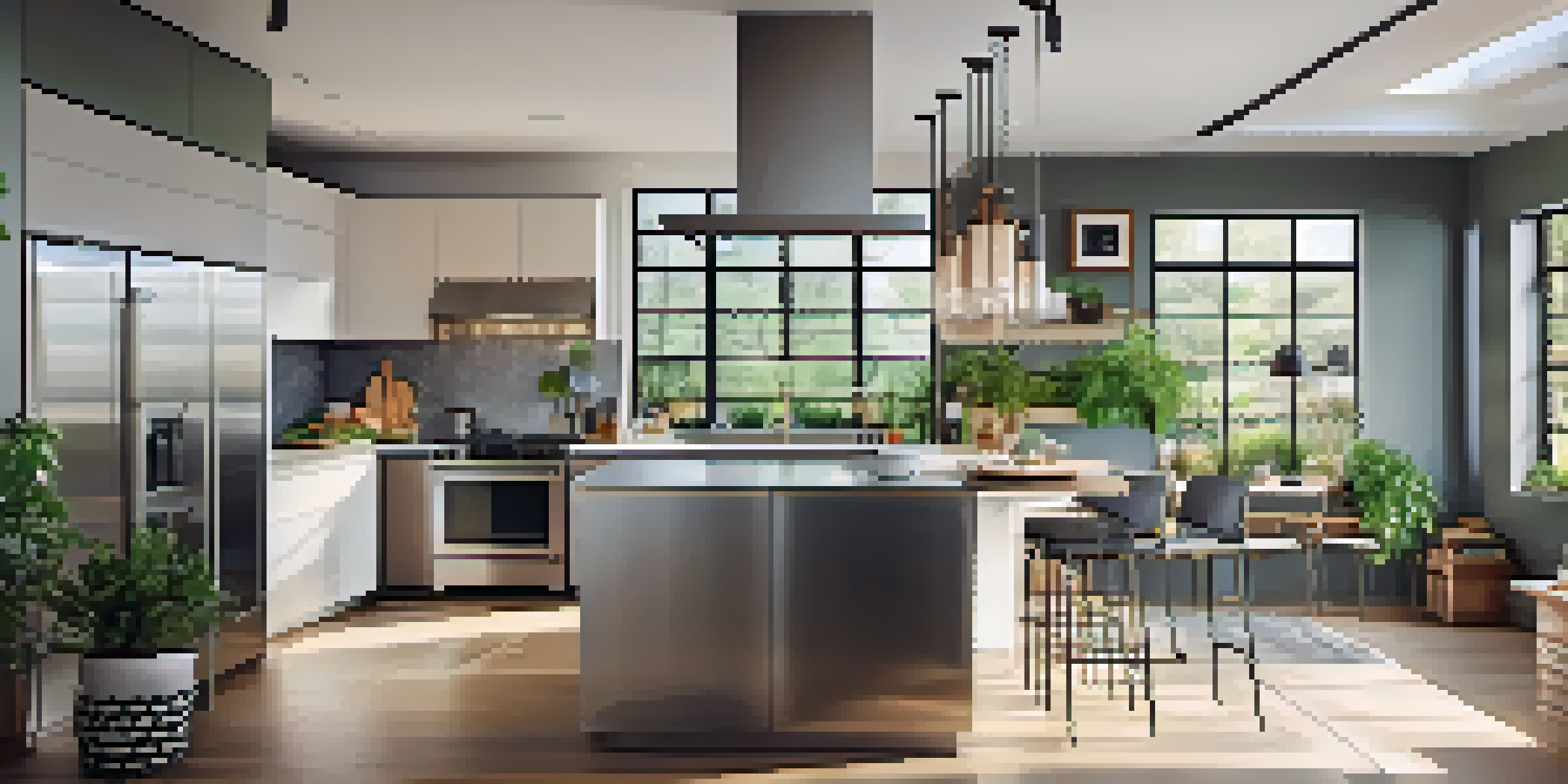 A bright and modern kitchen with stainless steel appliances and quartz countertops, featuring an open layout and natural light.