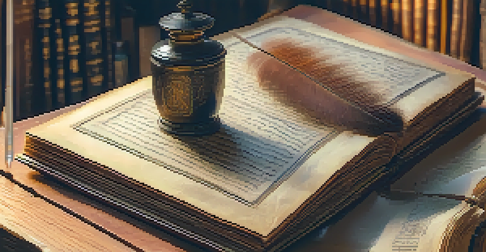A close-up of an ancient manuscript with detailed calligraphy on a wooden table, accompanied by a quill and inkpot, surrounded by blurred shelves of historical books.