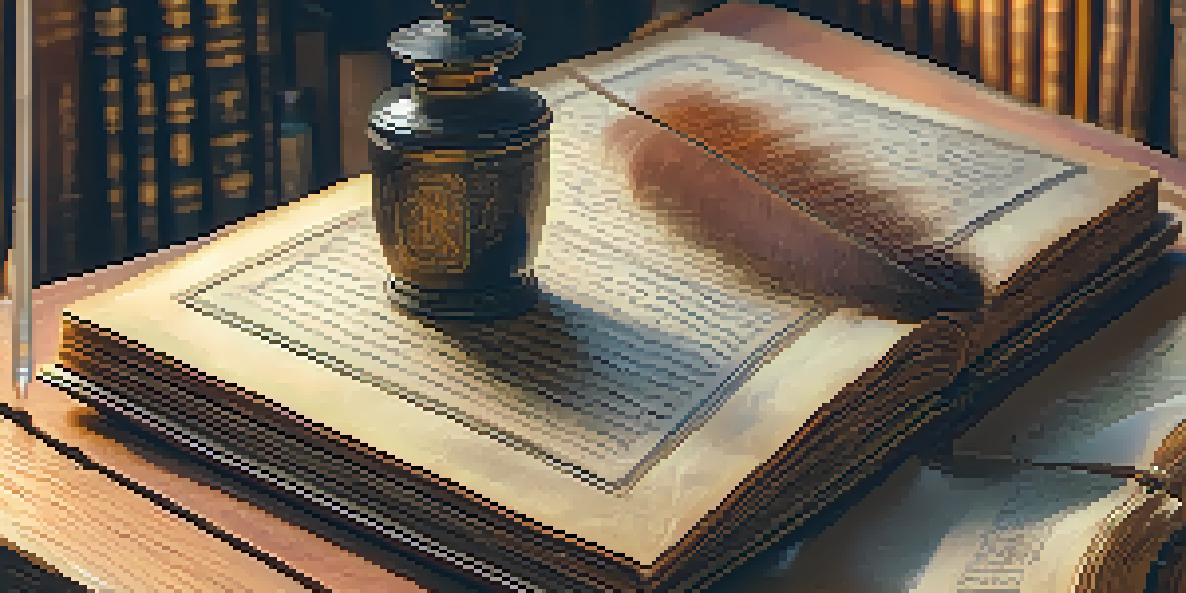 A close-up of an ancient manuscript with detailed calligraphy on a wooden table, accompanied by a quill and inkpot, surrounded by blurred shelves of historical books.