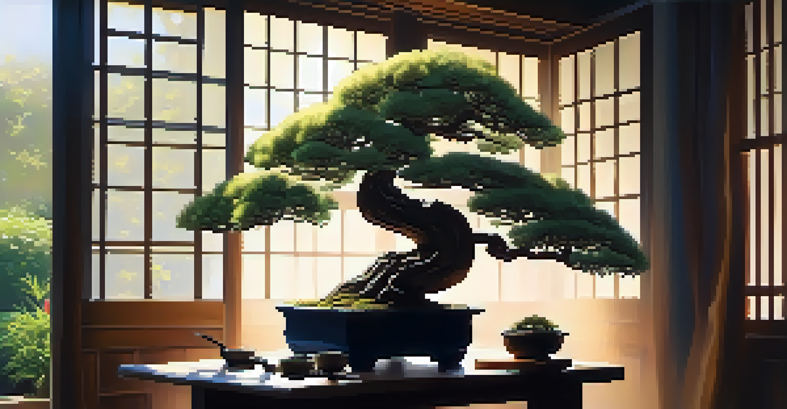 An artist pruning a bonsai tree indoors, focused on their work, with sunlight illuminating the leaves and other bonsai trees in the background.