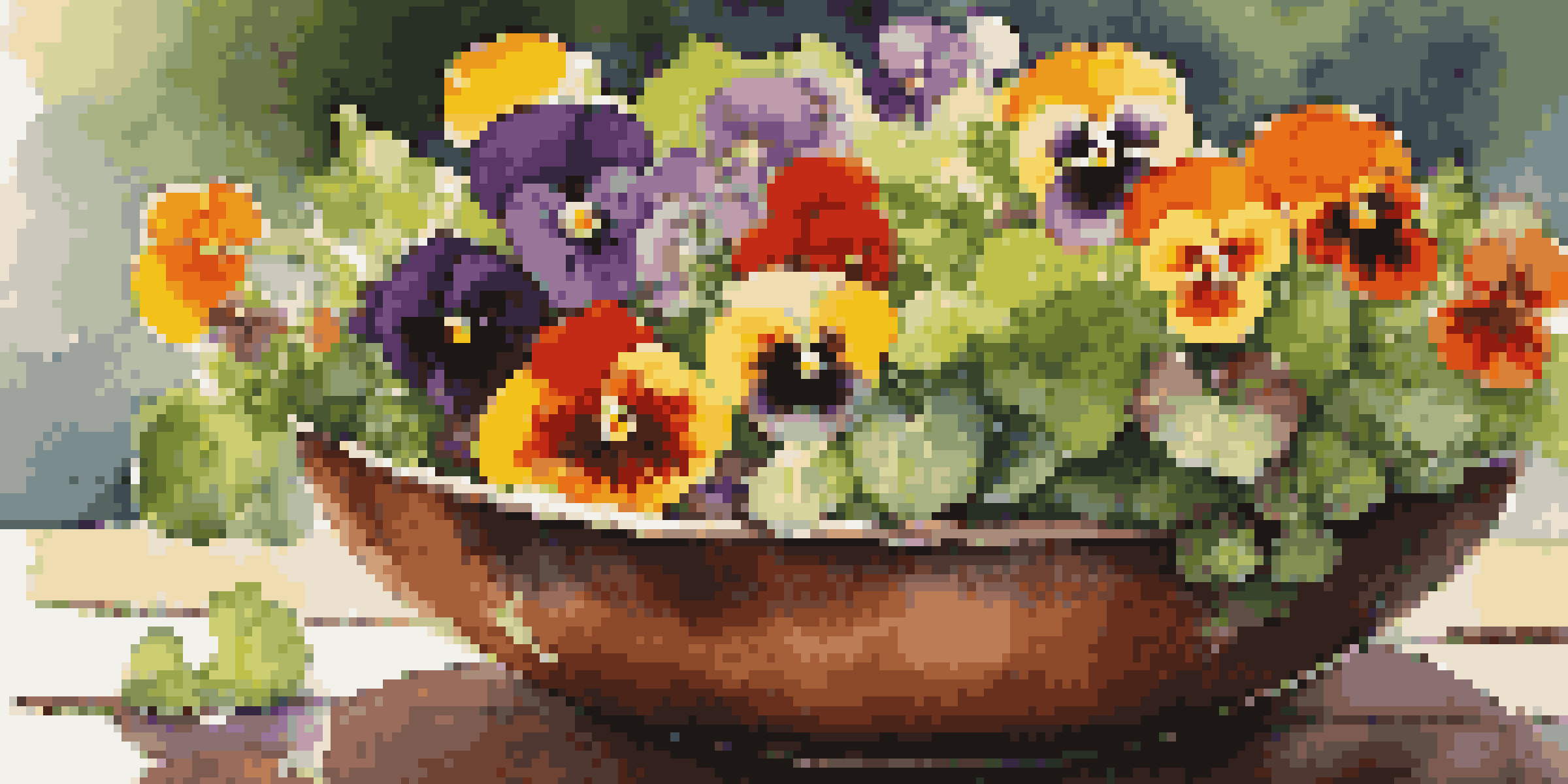 A colorful salad adorned with edible flowers, presented in a rustic bowl on a wooden table, illuminated by soft sunlight.
