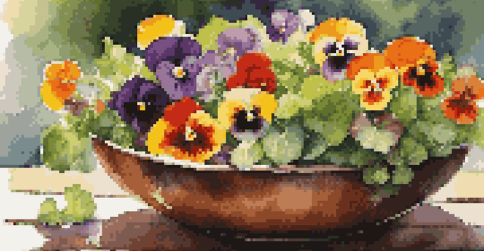 A colorful salad adorned with edible flowers, presented in a rustic bowl on a wooden table, illuminated by soft sunlight.