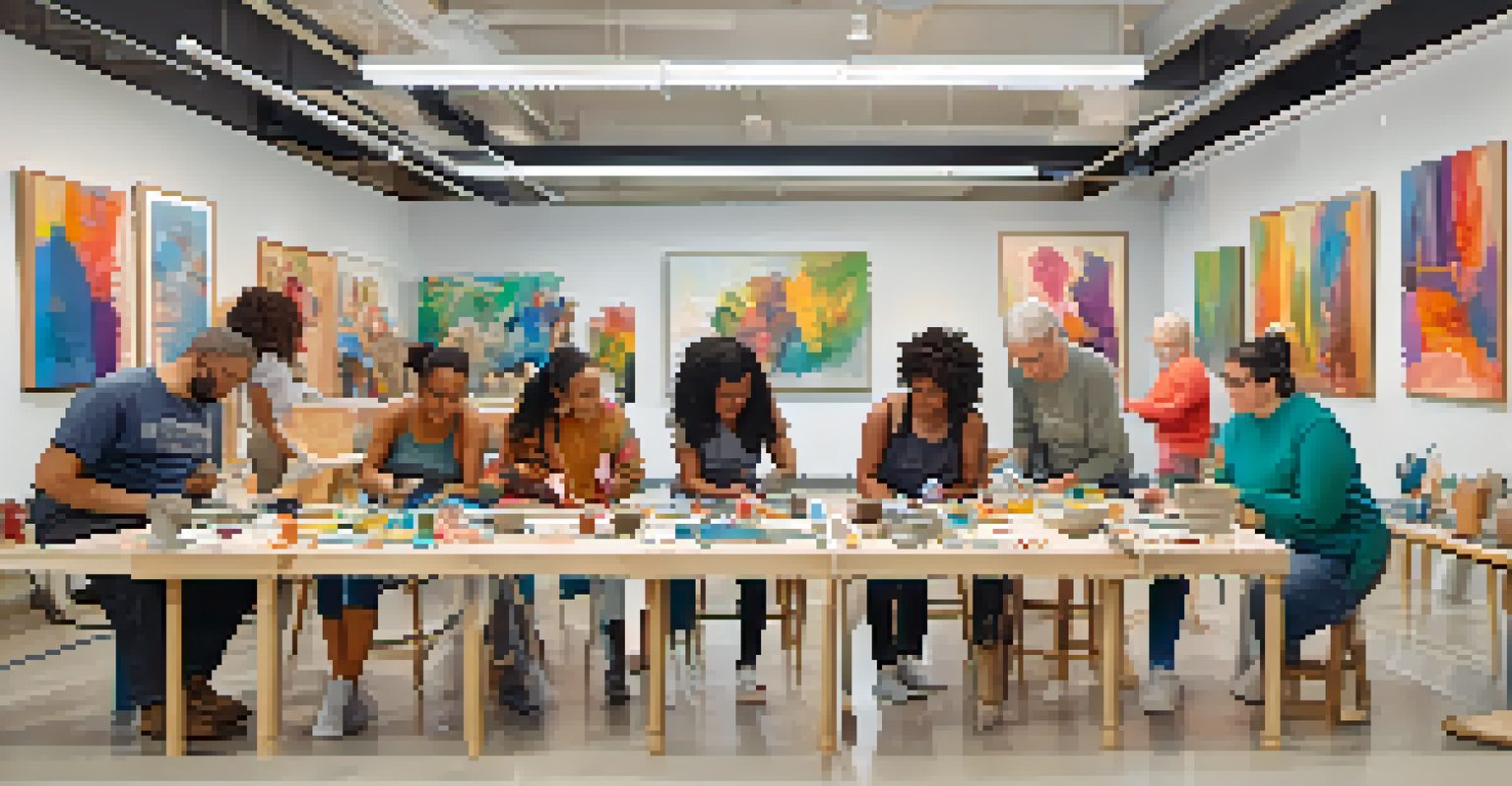 A diverse group of people participating in a sculpting therapy session, creating unique sculptures in a bright and inviting room.