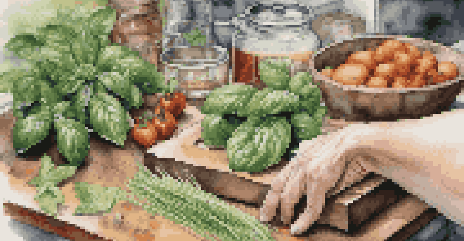 A close-up of hands selecting fresh herbs and spices on a kitchen countertop, with brewing equipment in the background.