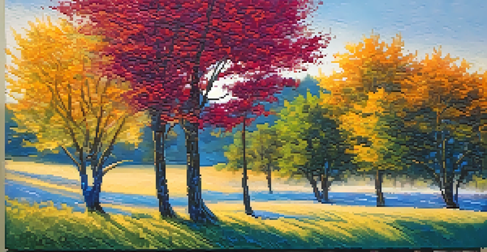 A detailed close-up of a colorful textured canvas painting with visible brushstrokes and thick paint layers.