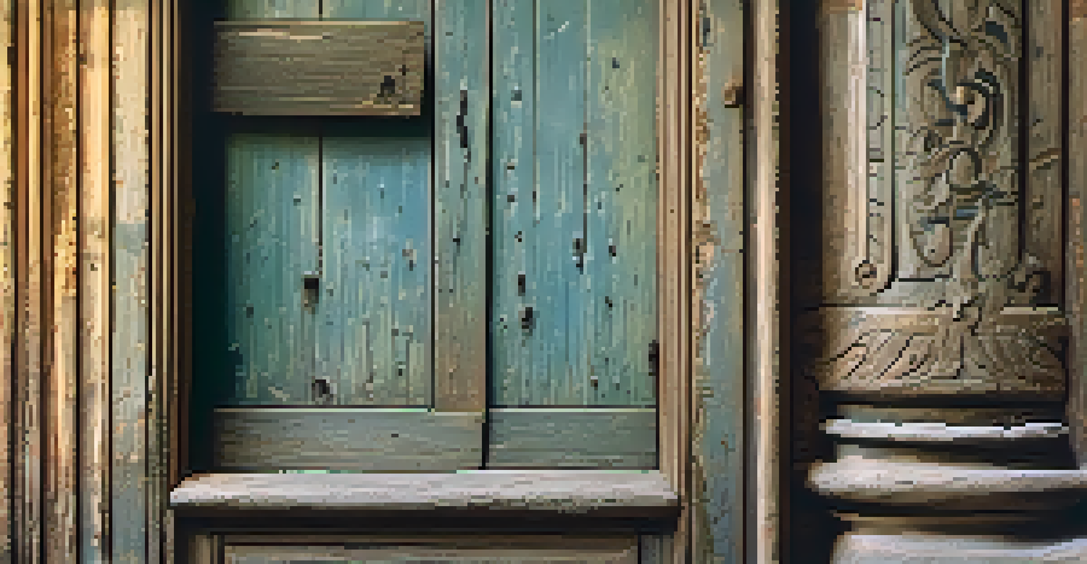 A close-up of a weathered door with intricate carvings and peeling paint, softly illuminated by warm light, showcasing the history of the building.