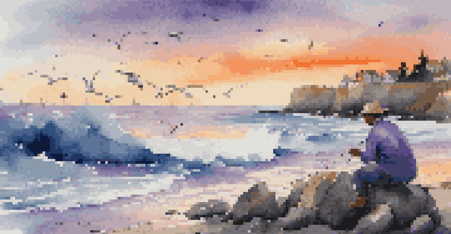 A fisherman casting his line from a rocky coastline at sunset with vibrant sky colors.