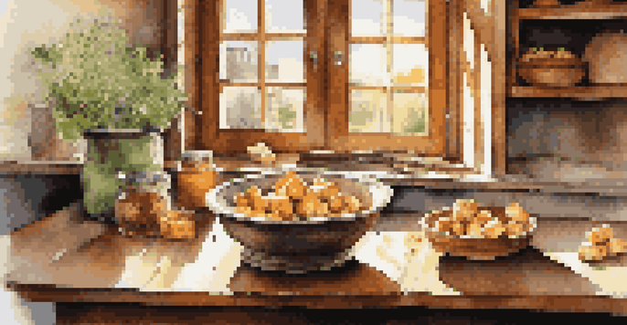 A rustic kitchen table with a bowl of homemade croutons, herbs, and sunlight streaming through a window.