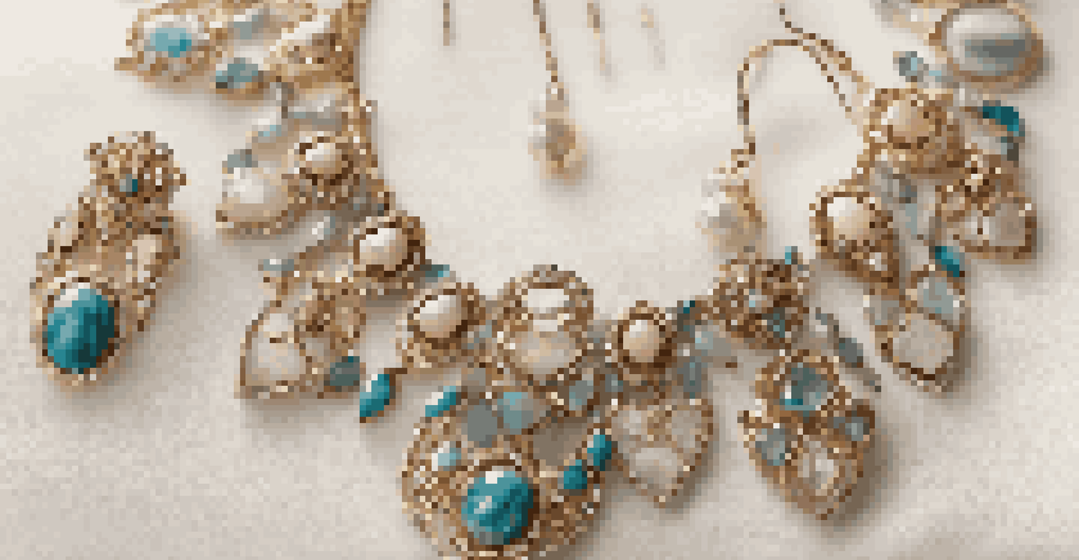 A finished jewelry set including a necklace and earrings displayed on light-colored fabric, highlighting the shine of mixed materials.