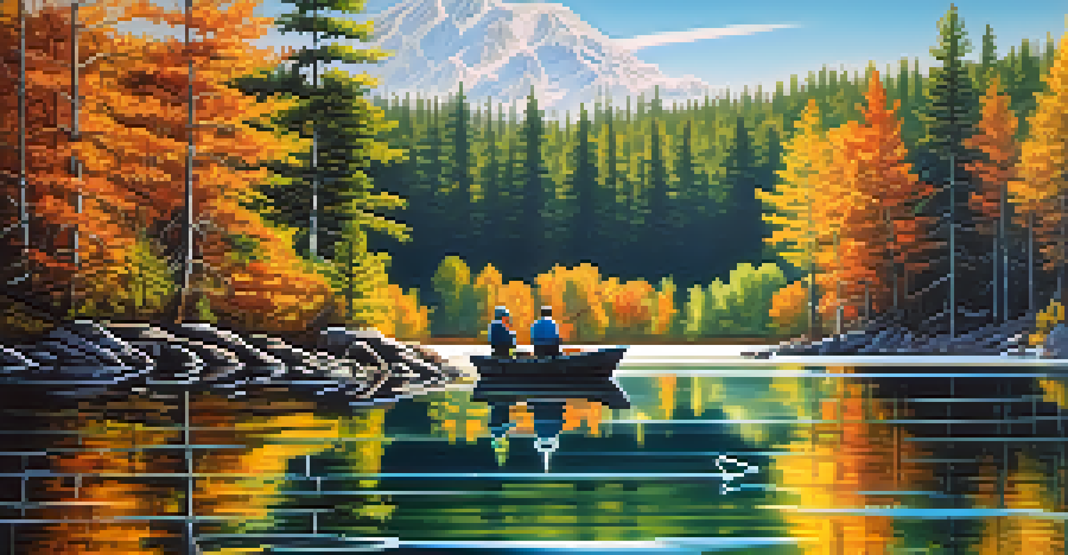 A close-up of a clear lake reflecting trees and sky, with a family fishing from a boat, emphasizing a clean natural environment.