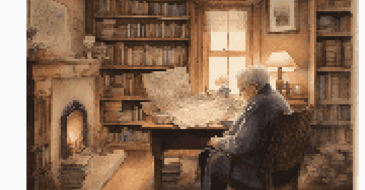 An elderly person in a cozy study looking through a family tree chart surrounded by books and photographs.
