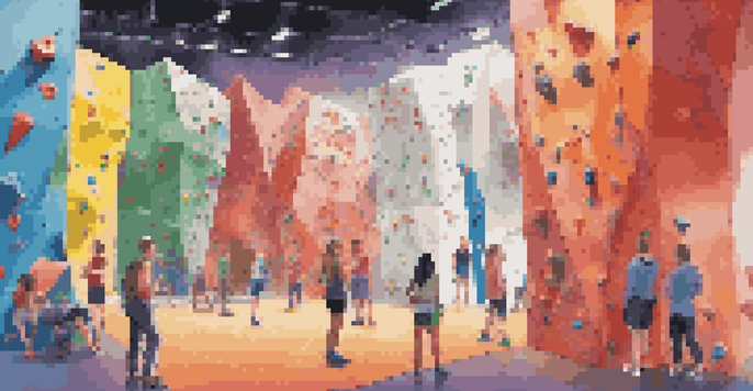 An indoor climbing gym with climbers using smart climbing walls and interactive displays, surrounded by colorful holds and bright lighting.