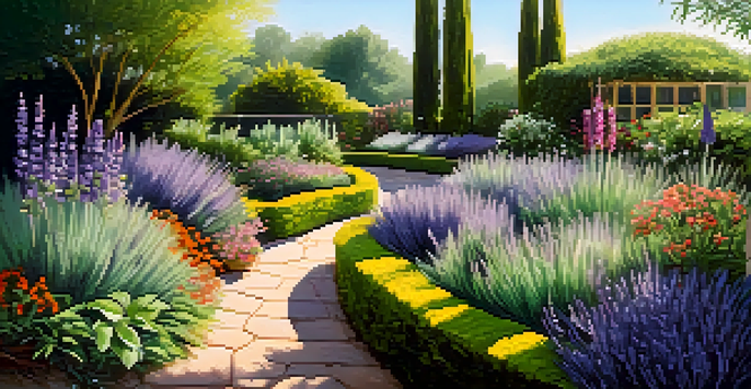 A tranquil garden filled with fragrant herbs, illuminated by warm sunlight, featuring a winding path and colorful flowers.