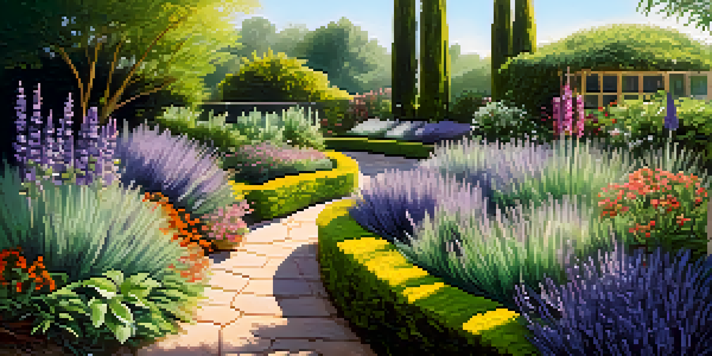 A tranquil garden filled with fragrant herbs, illuminated by warm sunlight, featuring a winding path and colorful flowers.