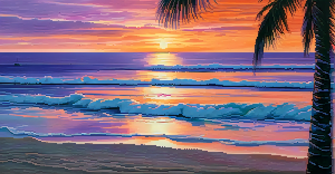 A stunning sunset at a tranquil beach with colorful reflections on the water and palm tree silhouettes.