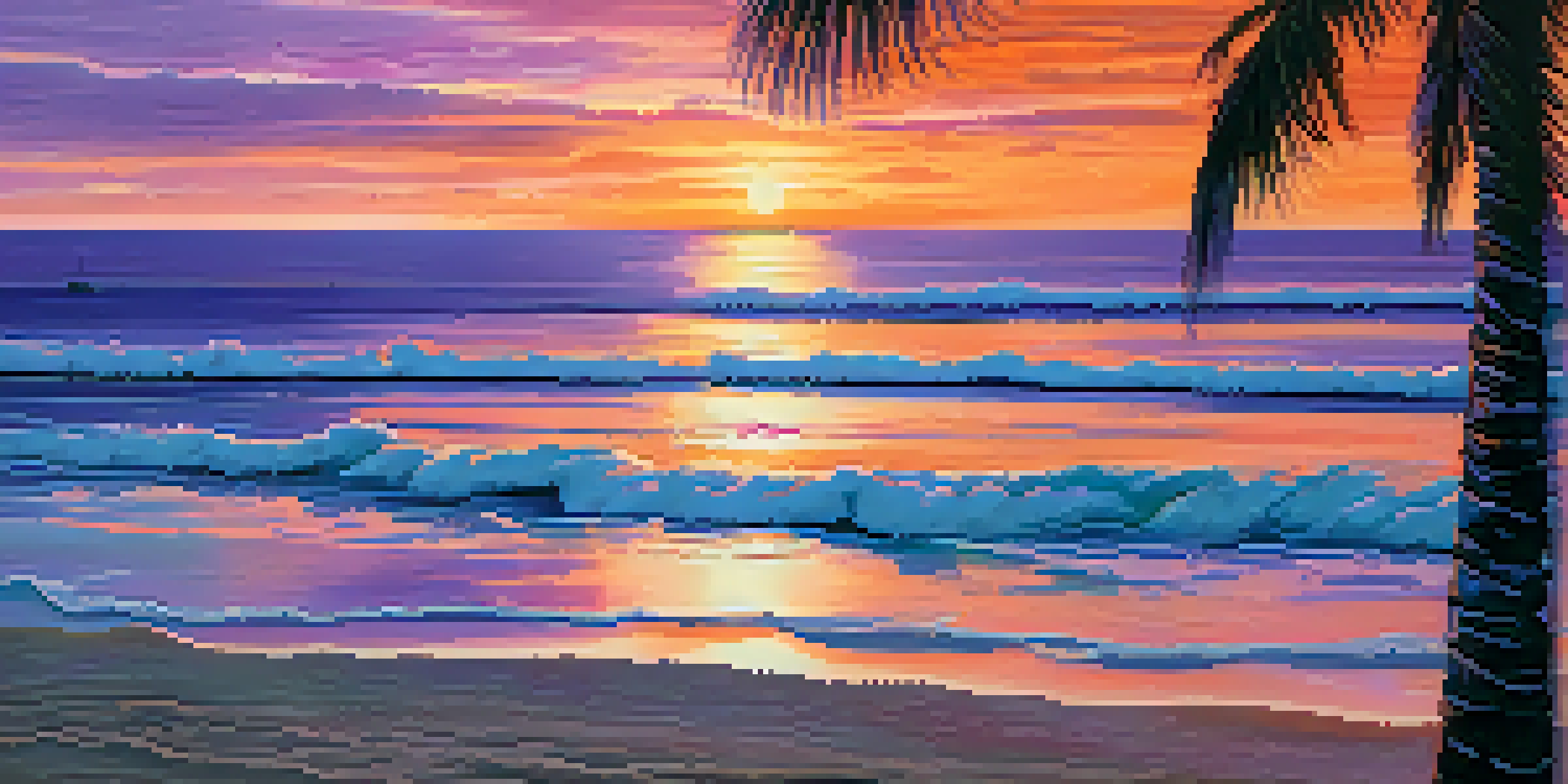 A stunning sunset at a tranquil beach with colorful reflections on the water and palm tree silhouettes.