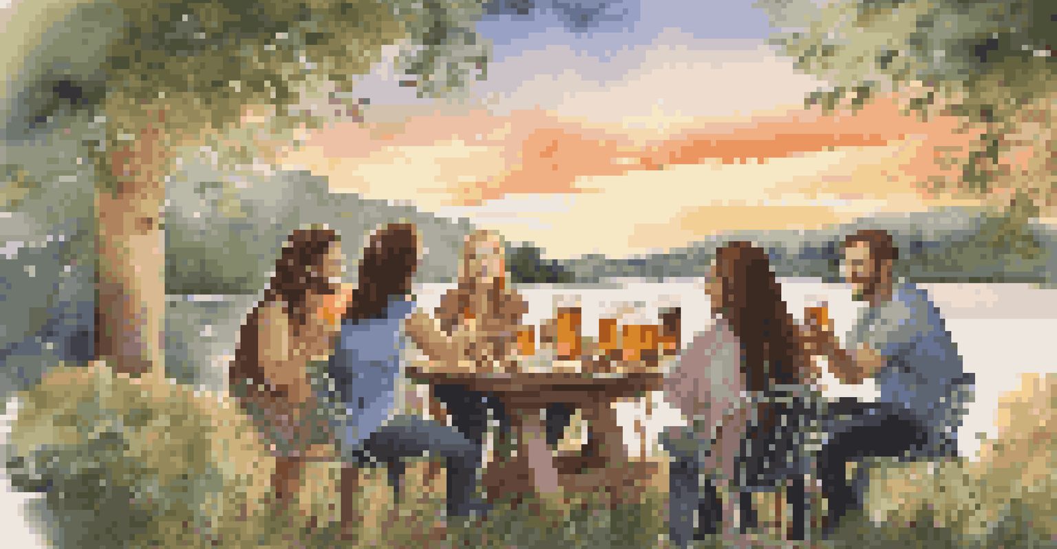Friends enjoying home brewed beers outdoors at sunset, laughing and smiling around a table filled with snacks and brewing equipment.
