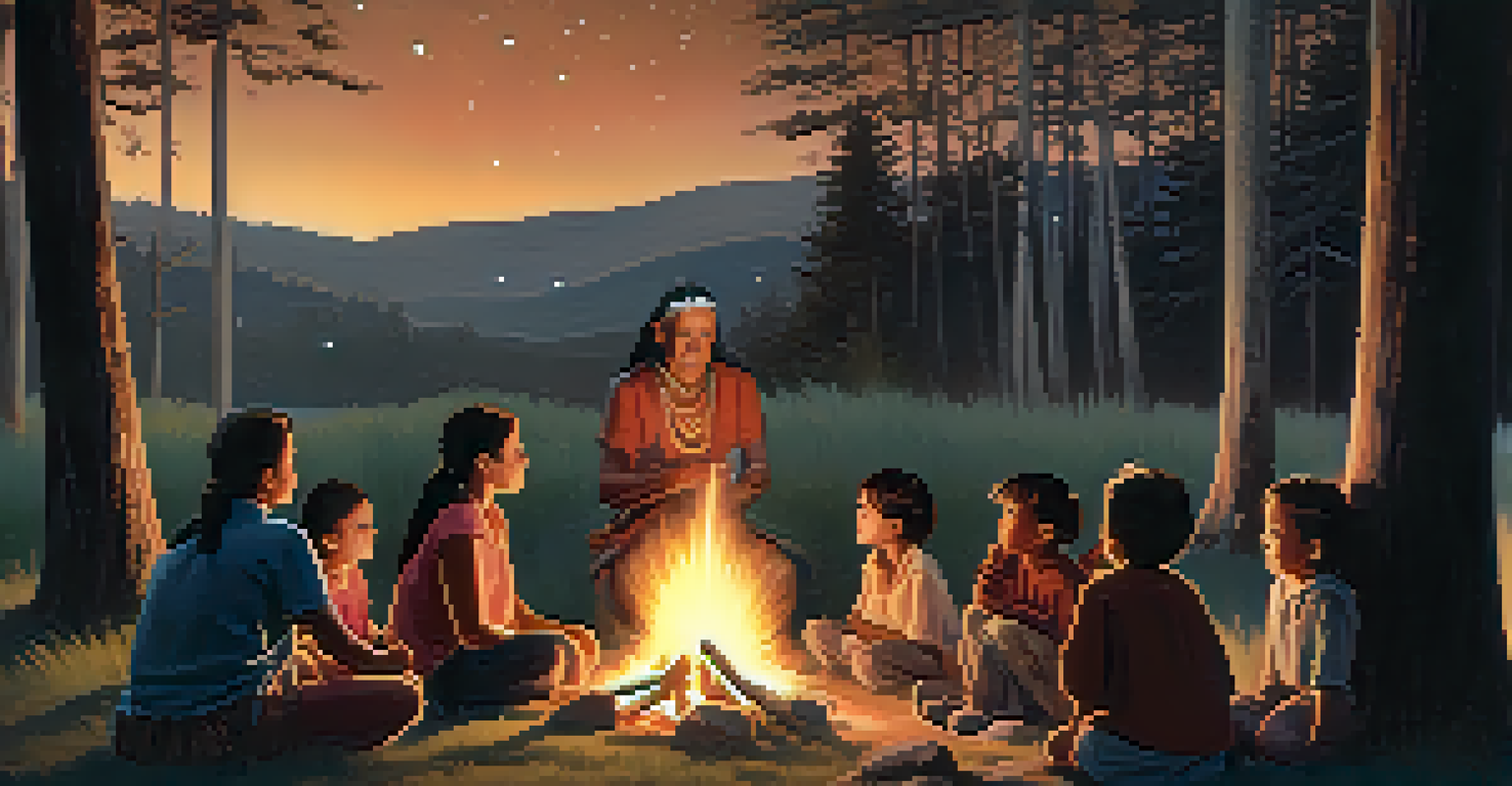 An elder narrating a family story to children around a fire under a starry sky, with tall trees in the background.