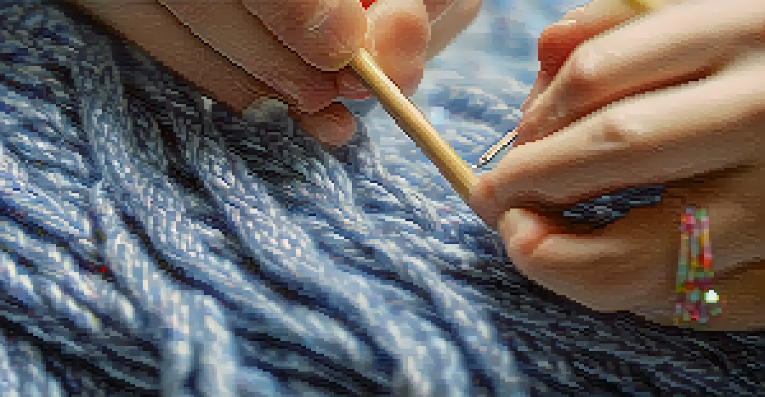 A close-up of hands demonstrating the Continental knitting technique, highlighting the knit stitch being created with colorful yarn.