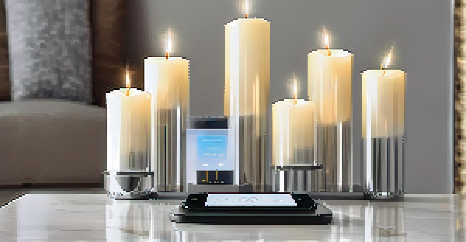Smart candles on a glass table with a smartphone app interface for controlling brightness and scent, creating a modern ambiance.