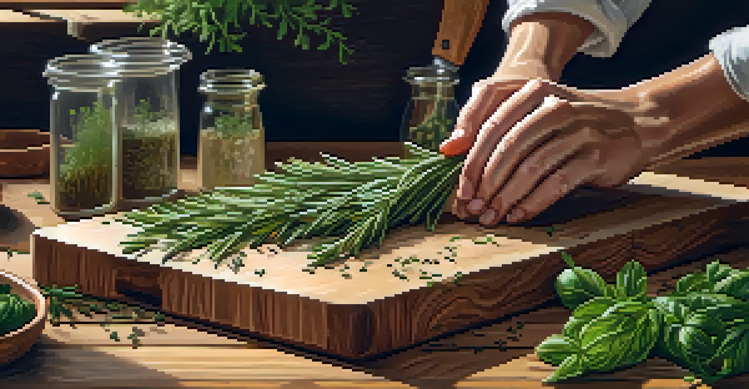 Close-up of hands preparing fresh herbs for baking, with finely chopped rosemary and basil on a wooden cutting board.