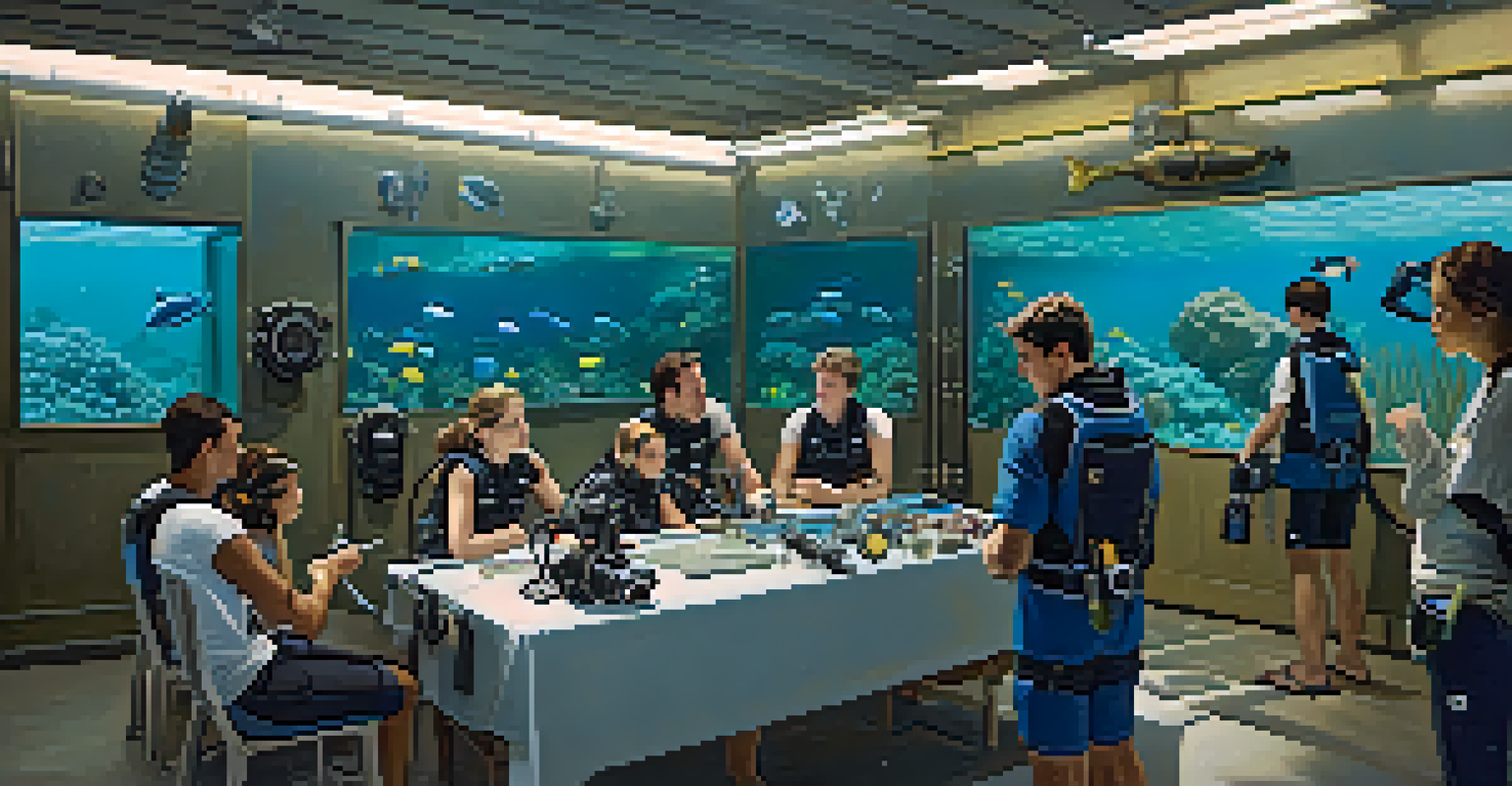 A scuba diving instructor teaching students about diving equipment in an underwater classroom, with various diving gear visible.