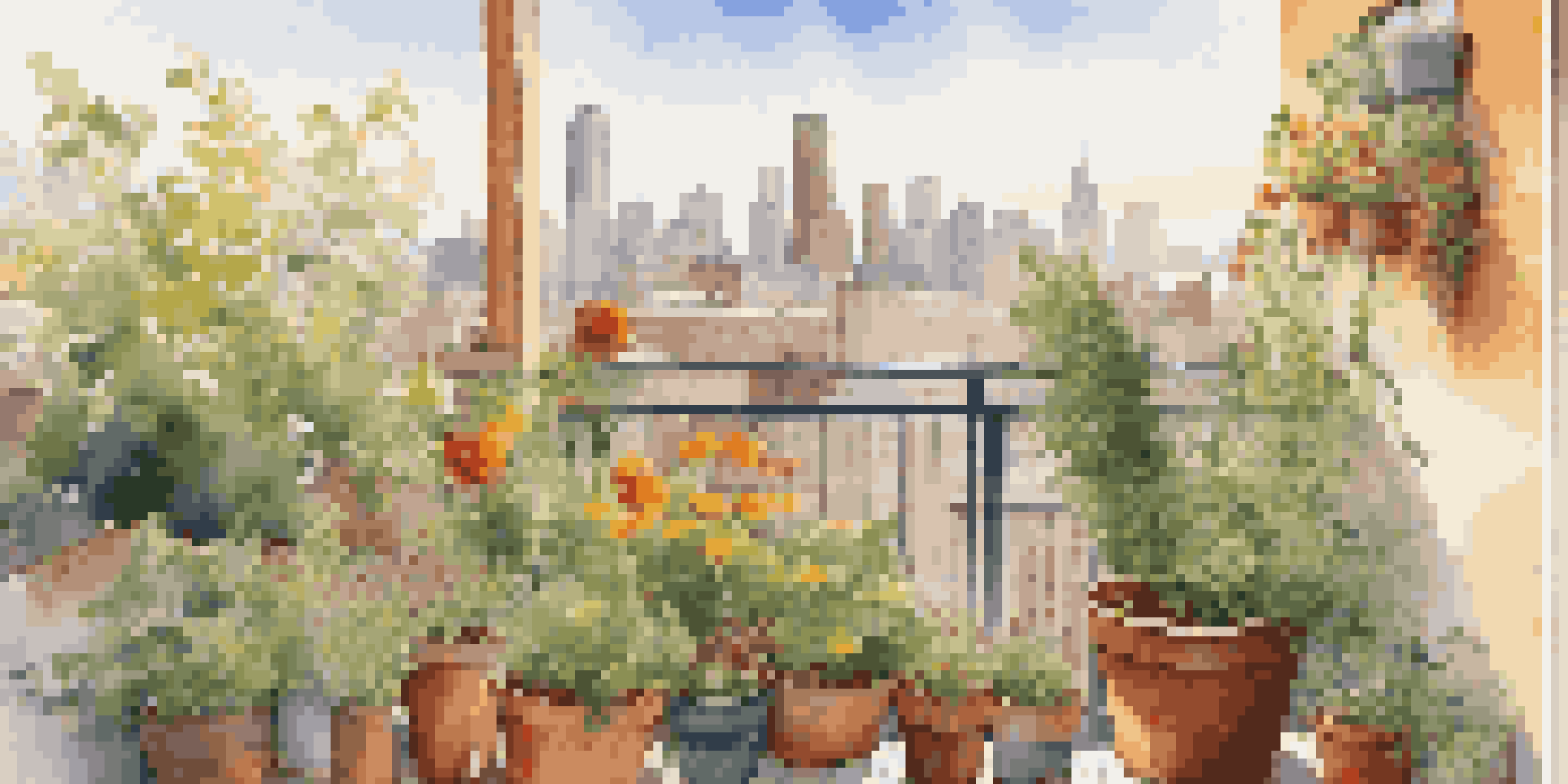 A lively balcony garden filled with diverse plants and flowers, with the city skyline visible in the background.