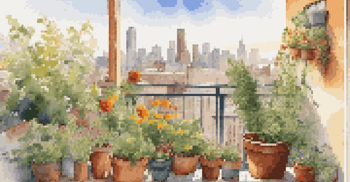 A lively balcony garden filled with diverse plants and flowers, with the city skyline visible in the background.