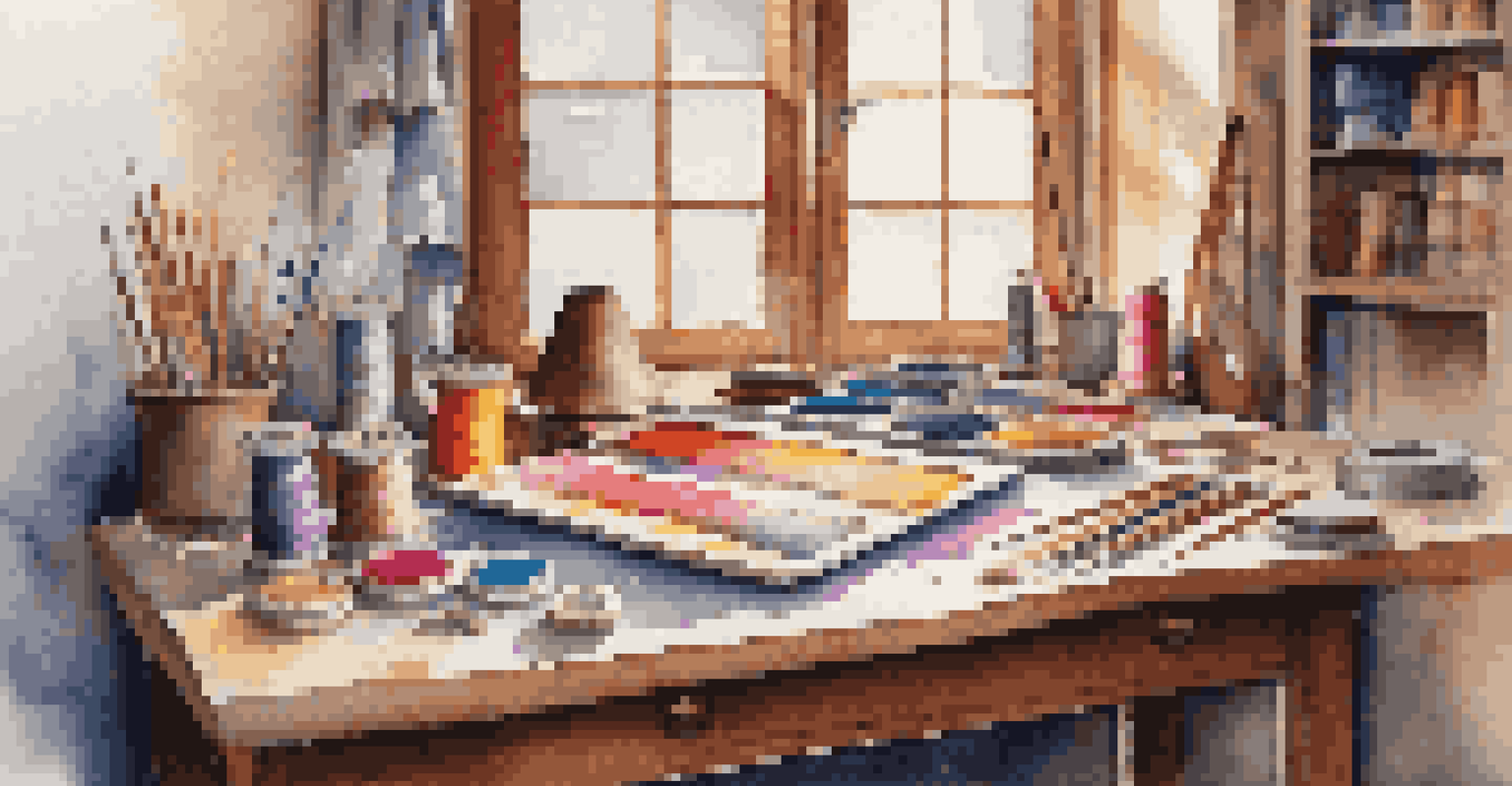 A workspace with rug-making tools, colorful yarns, and a sketch, illuminated by soft light coming from a window.